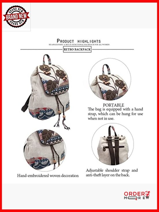 Vintage Bohemian Drawstring Canvas Backpack Purse Women\'s Hand-Embroidered main image 4